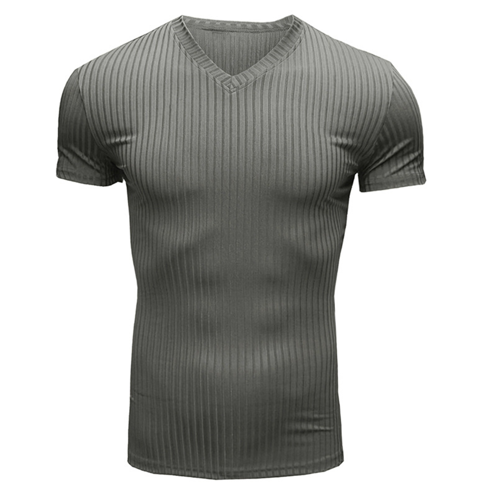 thumbnail image 2 of Camiseta de cuello en V ajustada para hombre: camiseta elástica de manga corta para culturismo, 95 % poliéster, 5 % elastano, tejido de canalé para el gimnasio y el entrenamiento., 2 of 6